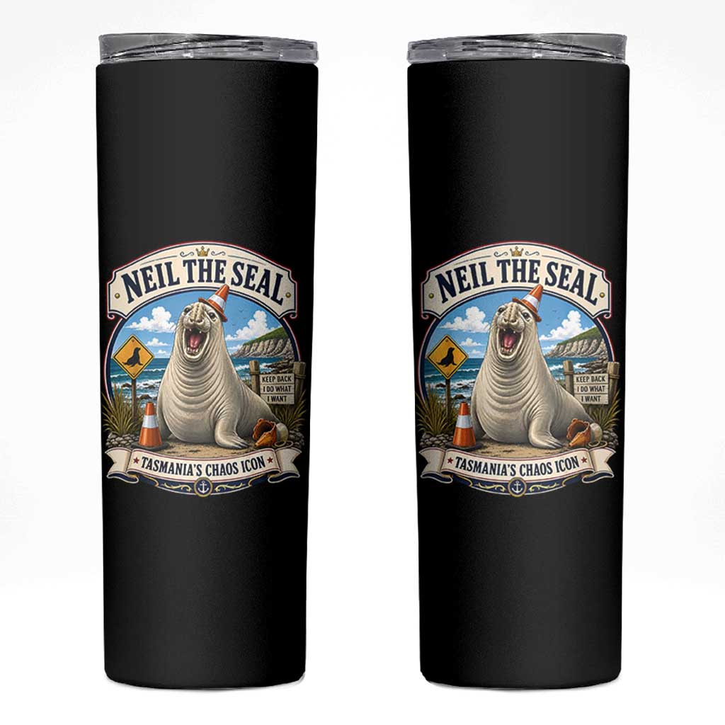 Retro Neil the Seal Tasmanias Chaos Icon Skinny Tumbler Funny Roaring Elephant Seal Traffic Cone Meme