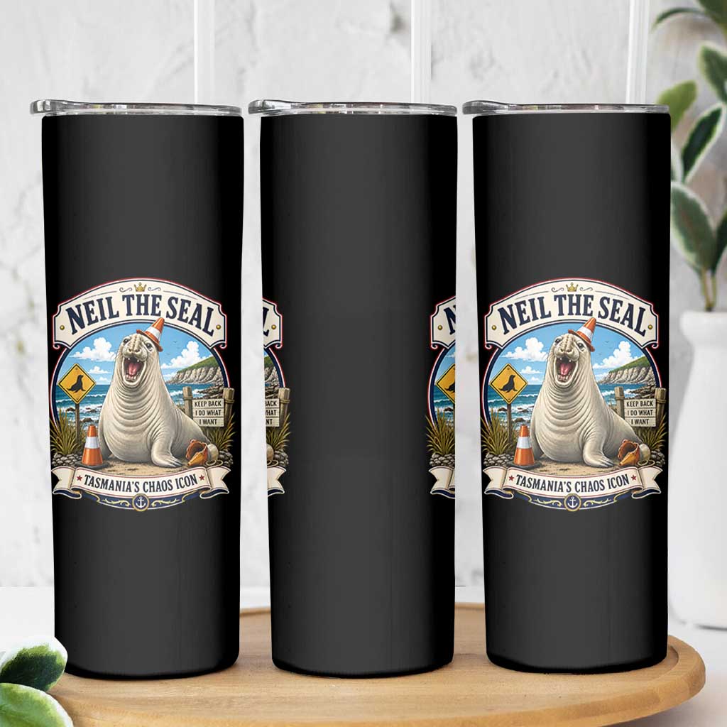 Retro Neil the Seal Tasmanias Chaos Icon Skinny Tumbler Funny Roaring Elephant Seal Traffic Cone Meme
