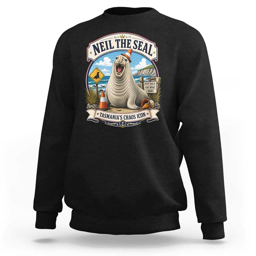Retro Neil the Seal Tasmanias Chaos Icon Sweatshirt Funny Roaring Elephant Seal Traffic Cone Meme
