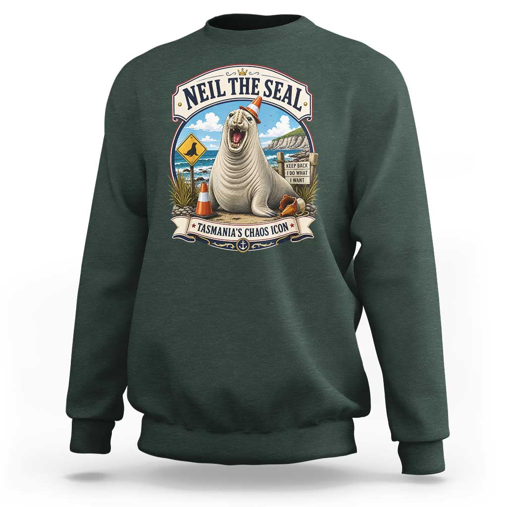 Retro Neil the Seal Tasmanias Chaos Icon Sweatshirt Funny Roaring Elephant Seal Traffic Cone Meme
