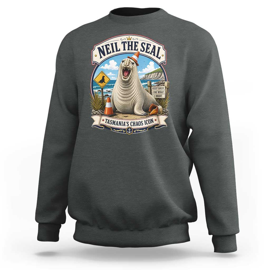 Retro Neil the Seal Tasmanias Chaos Icon Sweatshirt Funny Roaring Elephant Seal Traffic Cone Meme