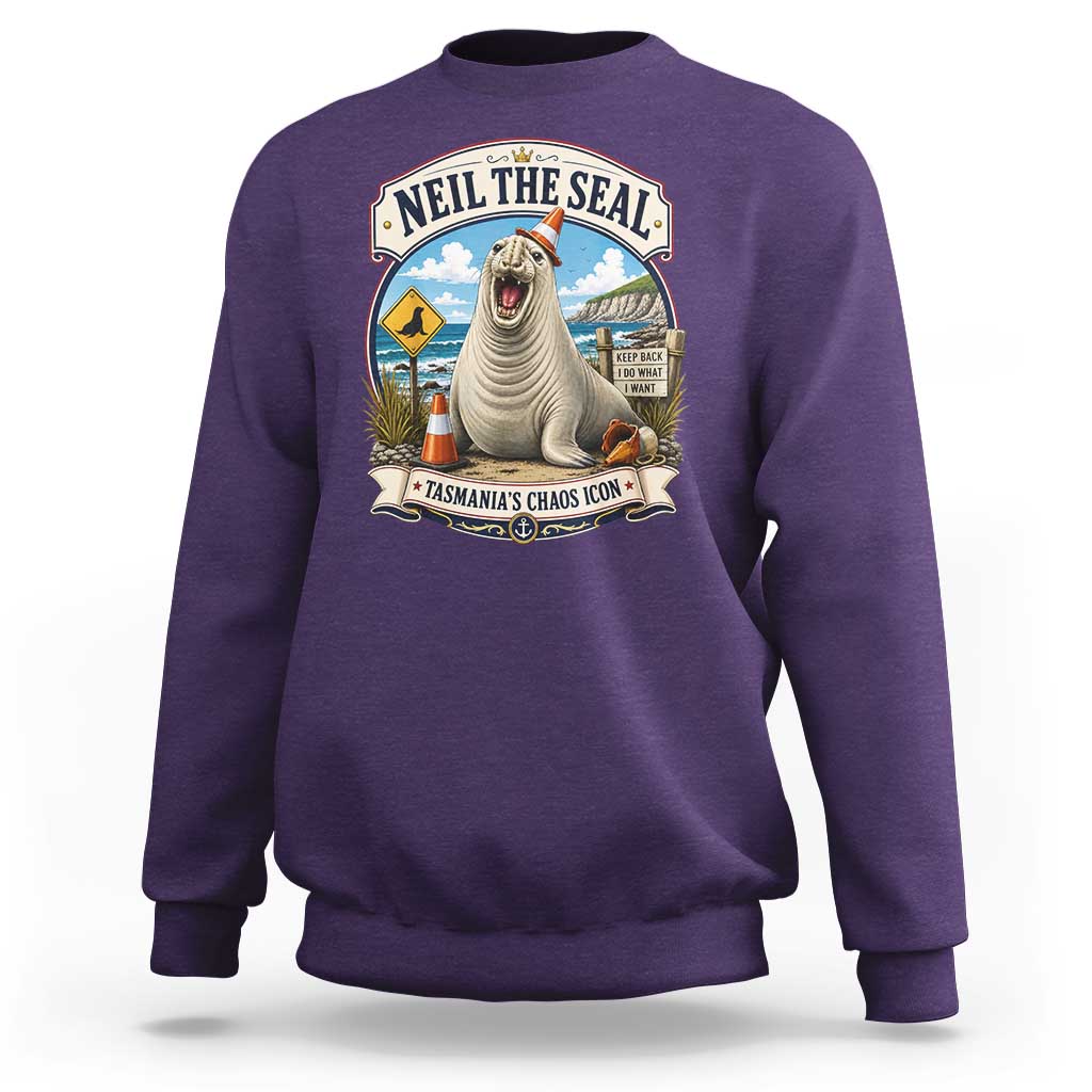 Retro Neil the Seal Tasmanias Chaos Icon Sweatshirt Funny Roaring Elephant Seal Traffic Cone Meme