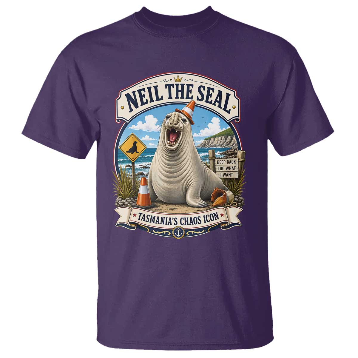 Retro Neil the Seal Tasmanias Chaos Icon T Shirt Funny Roaring Elephant Seal Traffic Cone Meme