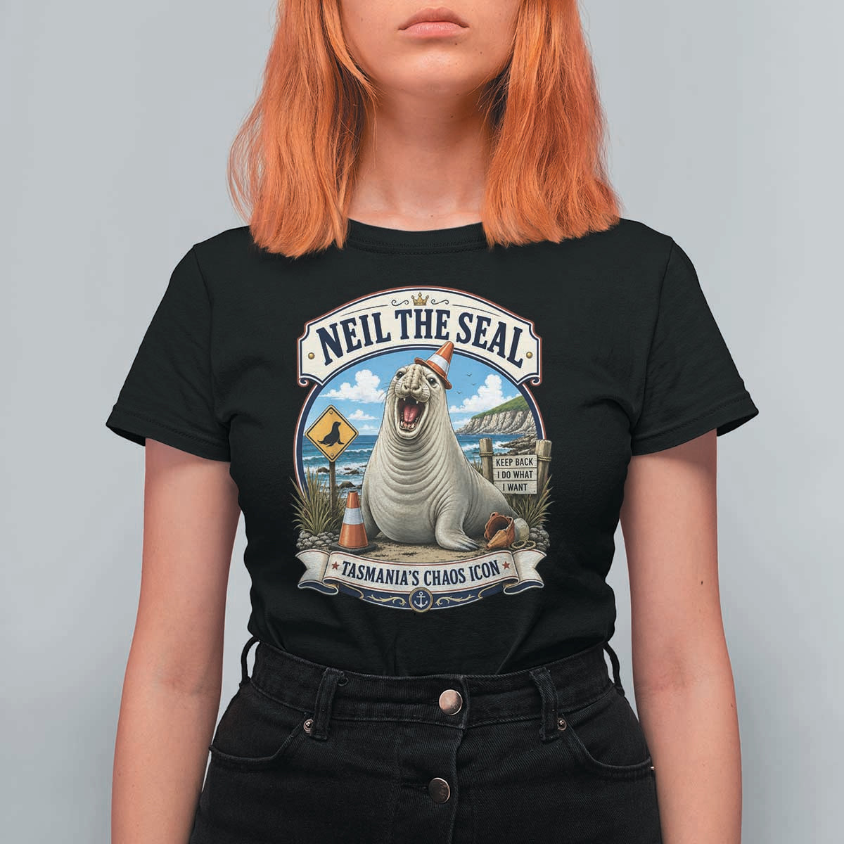 Retro Neil the Seal Tasmanias Chaos Icon T Shirt For Women Funny Roaring Elephant Seal Traffic Cone Meme