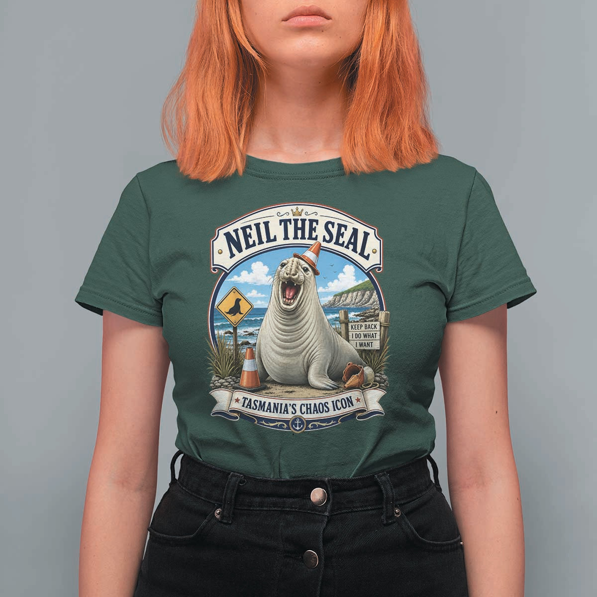 Retro Neil the Seal Tasmanias Chaos Icon T Shirt For Women Funny Roaring Elephant Seal Traffic Cone Meme