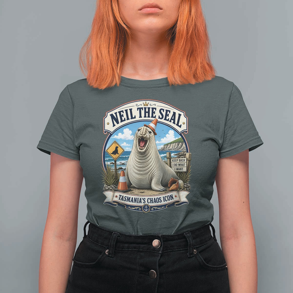 Retro Neil the Seal Tasmanias Chaos Icon T Shirt For Women Funny Roaring Elephant Seal Traffic Cone Meme