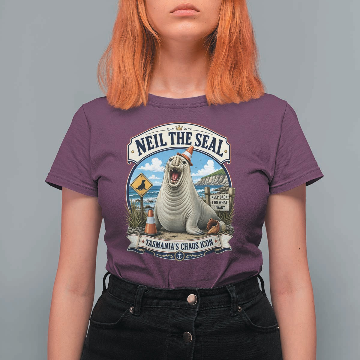 Retro Neil the Seal Tasmanias Chaos Icon T Shirt For Women Funny Roaring Elephant Seal Traffic Cone Meme
