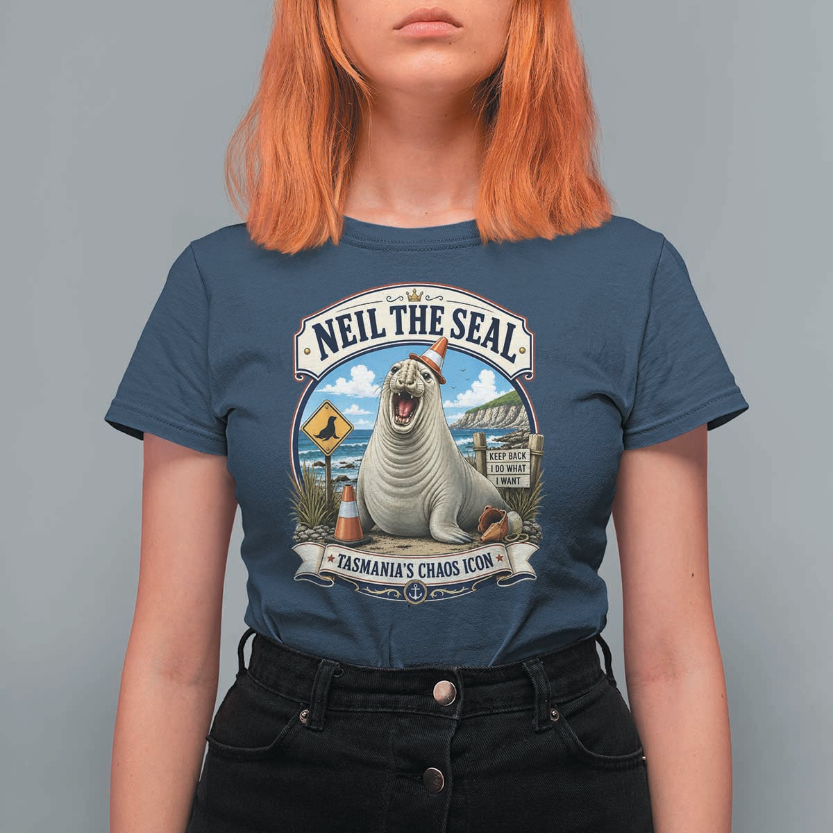 Retro Neil the Seal Tasmanias Chaos Icon T Shirt For Women Funny Roaring Elephant Seal Traffic Cone Meme