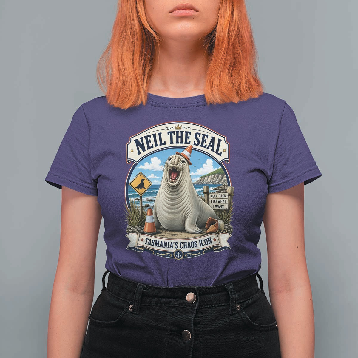 Retro Neil the Seal Tasmanias Chaos Icon T Shirt For Women Funny Roaring Elephant Seal Traffic Cone Meme