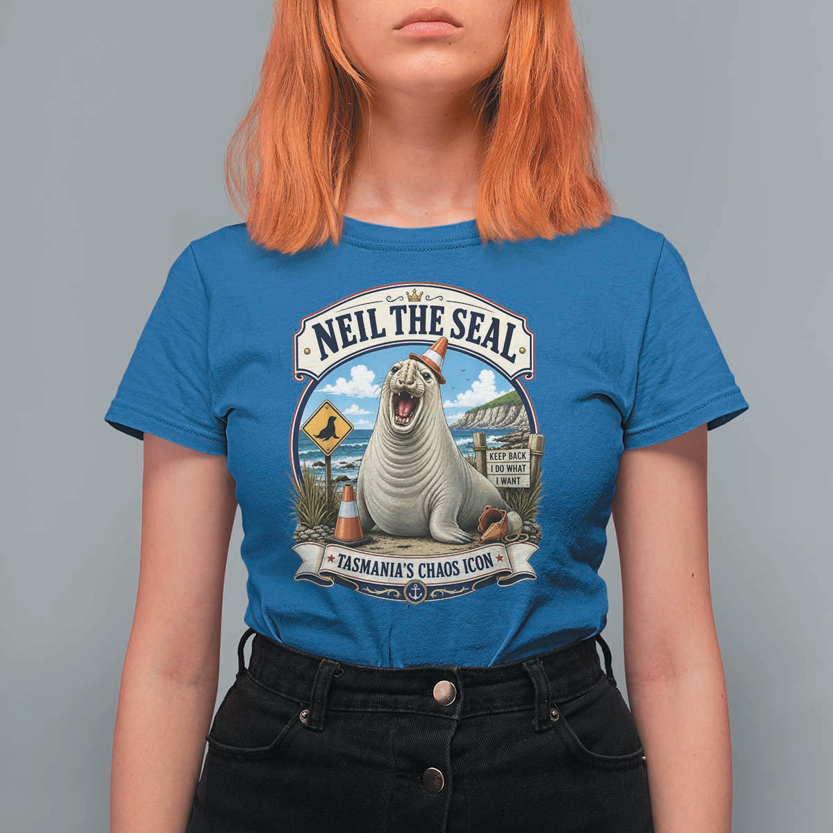 Retro Neil the Seal Tasmanias Chaos Icon T Shirt For Women Funny Roaring Elephant Seal Traffic Cone Meme