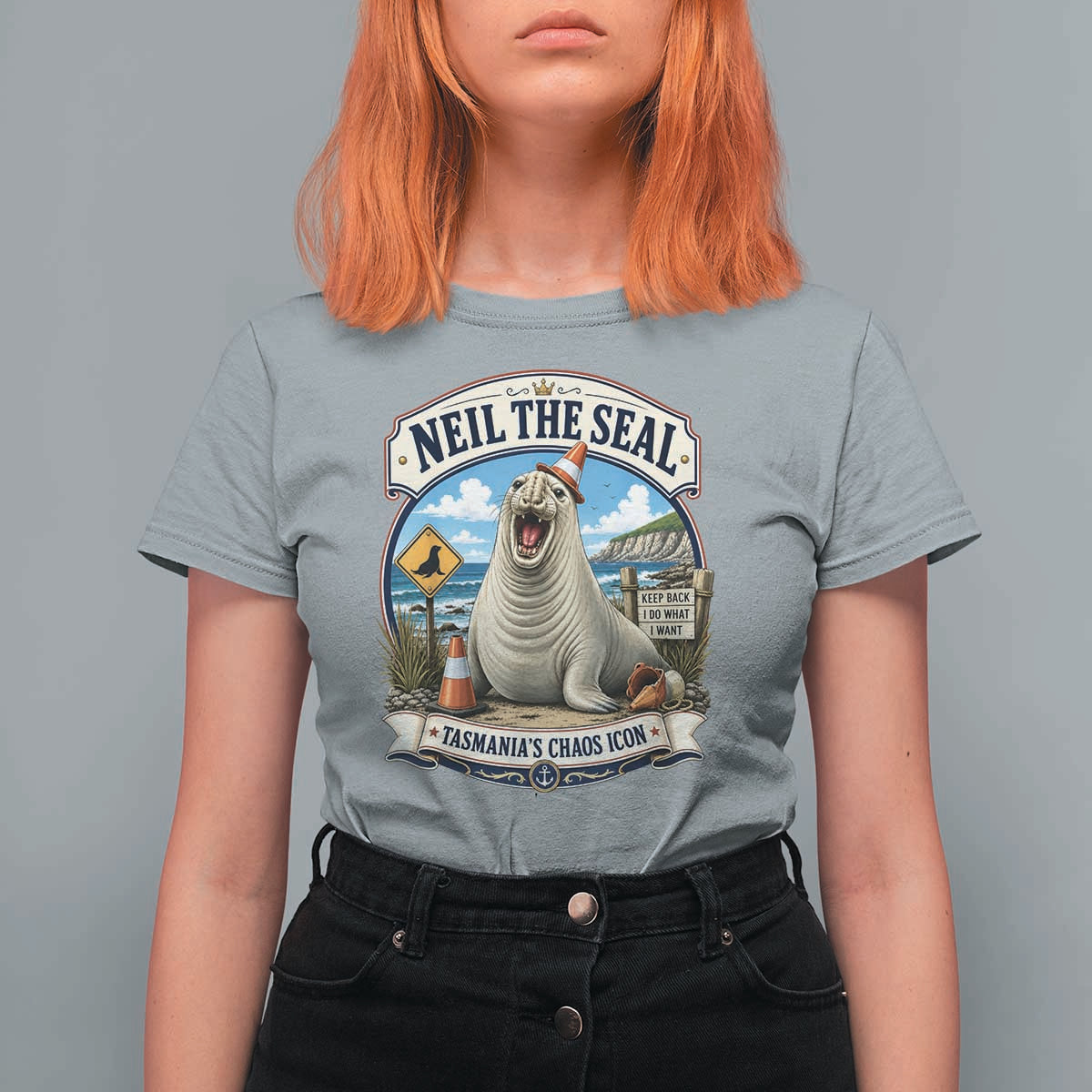 Retro Neil the Seal Tasmanias Chaos Icon T Shirt For Women Funny Roaring Elephant Seal Traffic Cone Meme