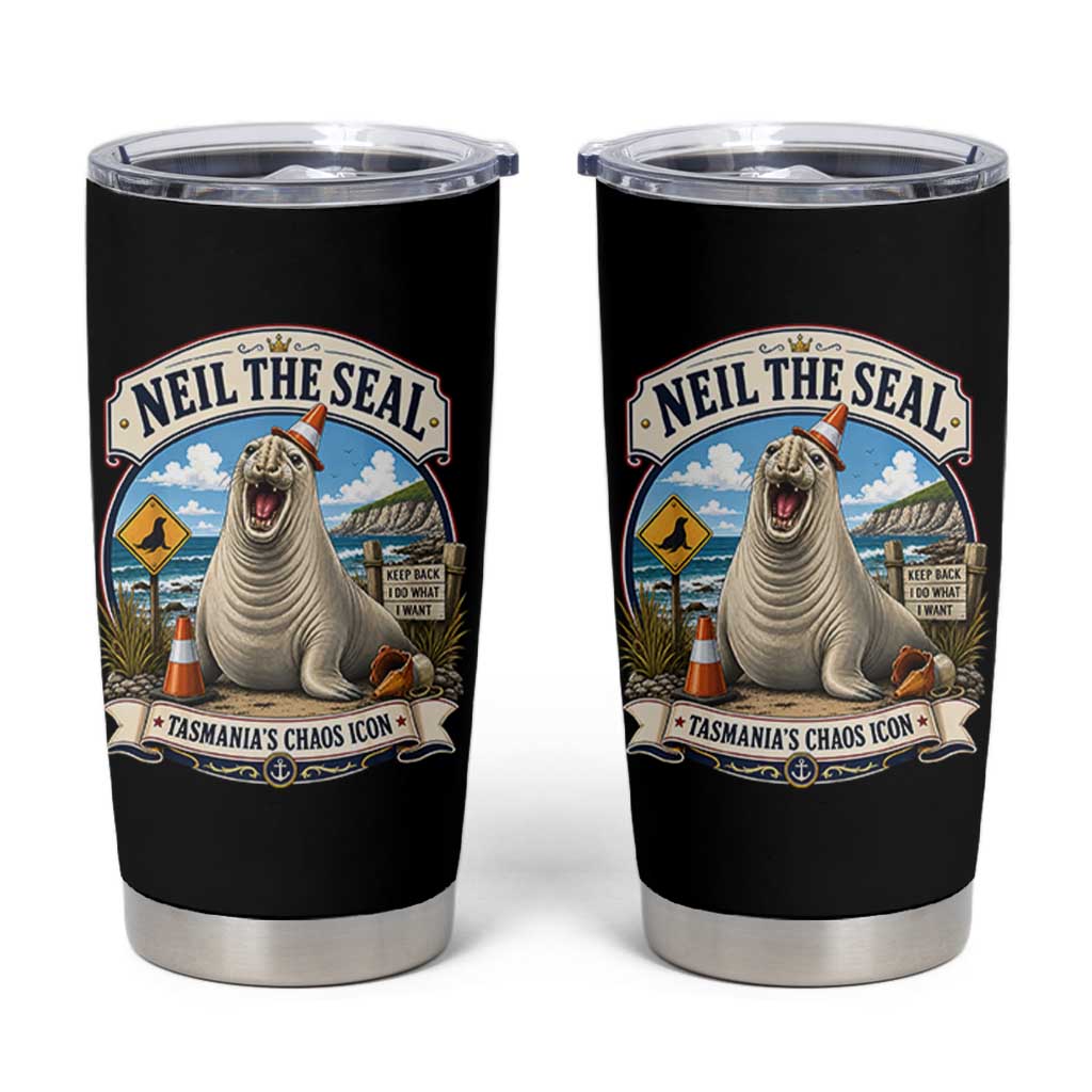 Retro Neil the Seal Tasmanias Chaos Icon Tumbler Cup Funny Roaring Elephant Seal Traffic Cone Meme