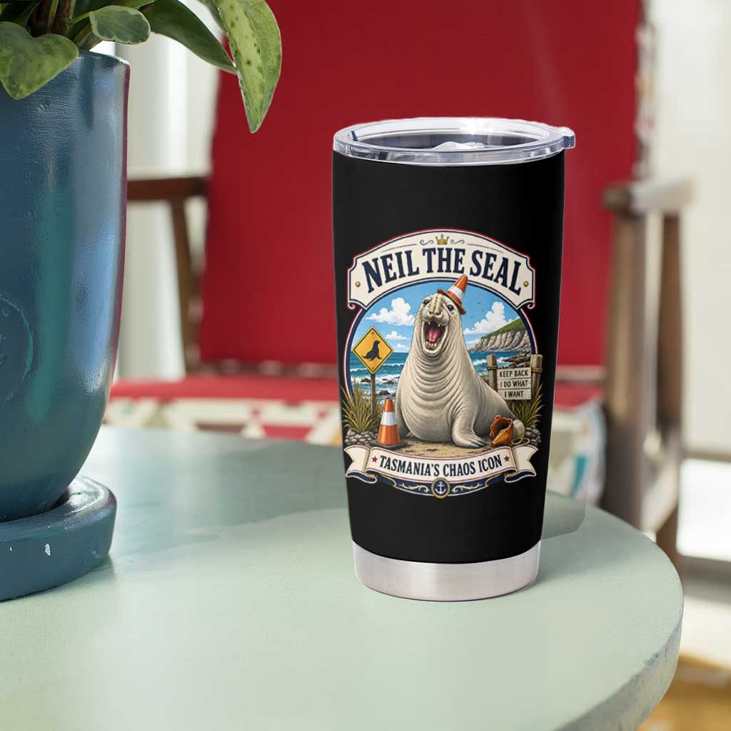 Retro Neil the Seal Tasmanias Chaos Icon Tumbler Cup Funny Roaring Elephant Seal Traffic Cone Meme