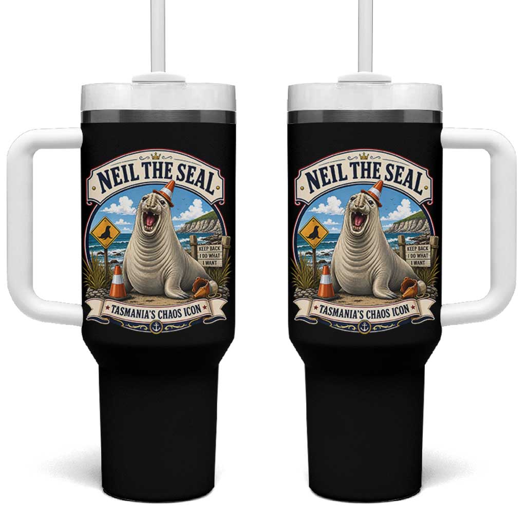 Retro Neil the Seal Tasmanias Chaos Icon Tumbler With Handle Funny Roaring Elephant Seal Traffic Cone Meme