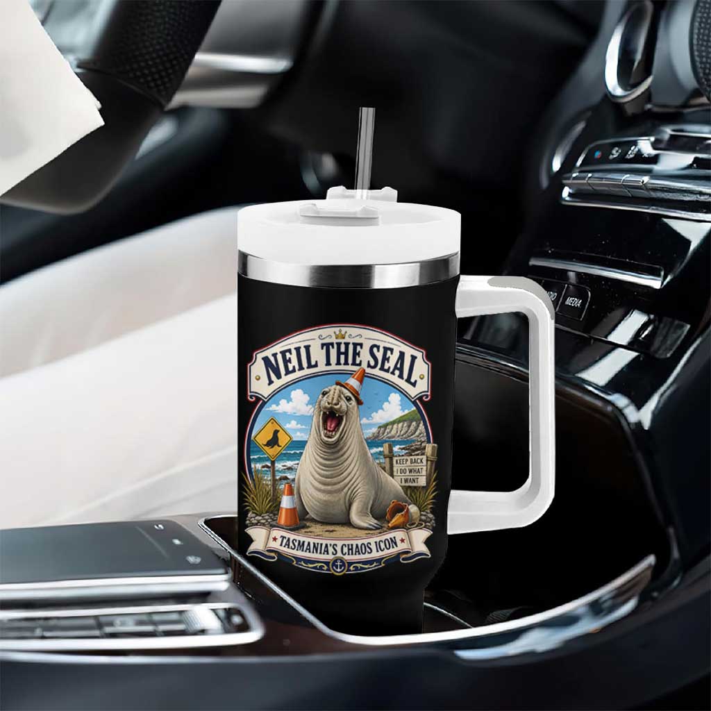 Retro Neil the Seal Tasmanias Chaos Icon Tumbler With Handle Funny Roaring Elephant Seal Traffic Cone Meme