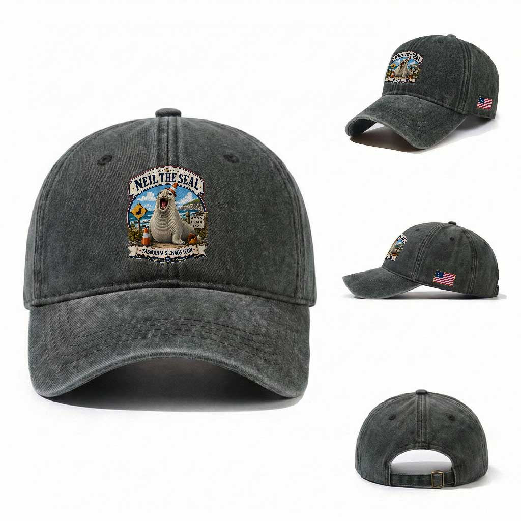 Retro Neil the Seal Tasmanias Chaos Icon Washed Cotton Baseball Cap Funny Roaring Elephant Seal Traffic Cone Meme