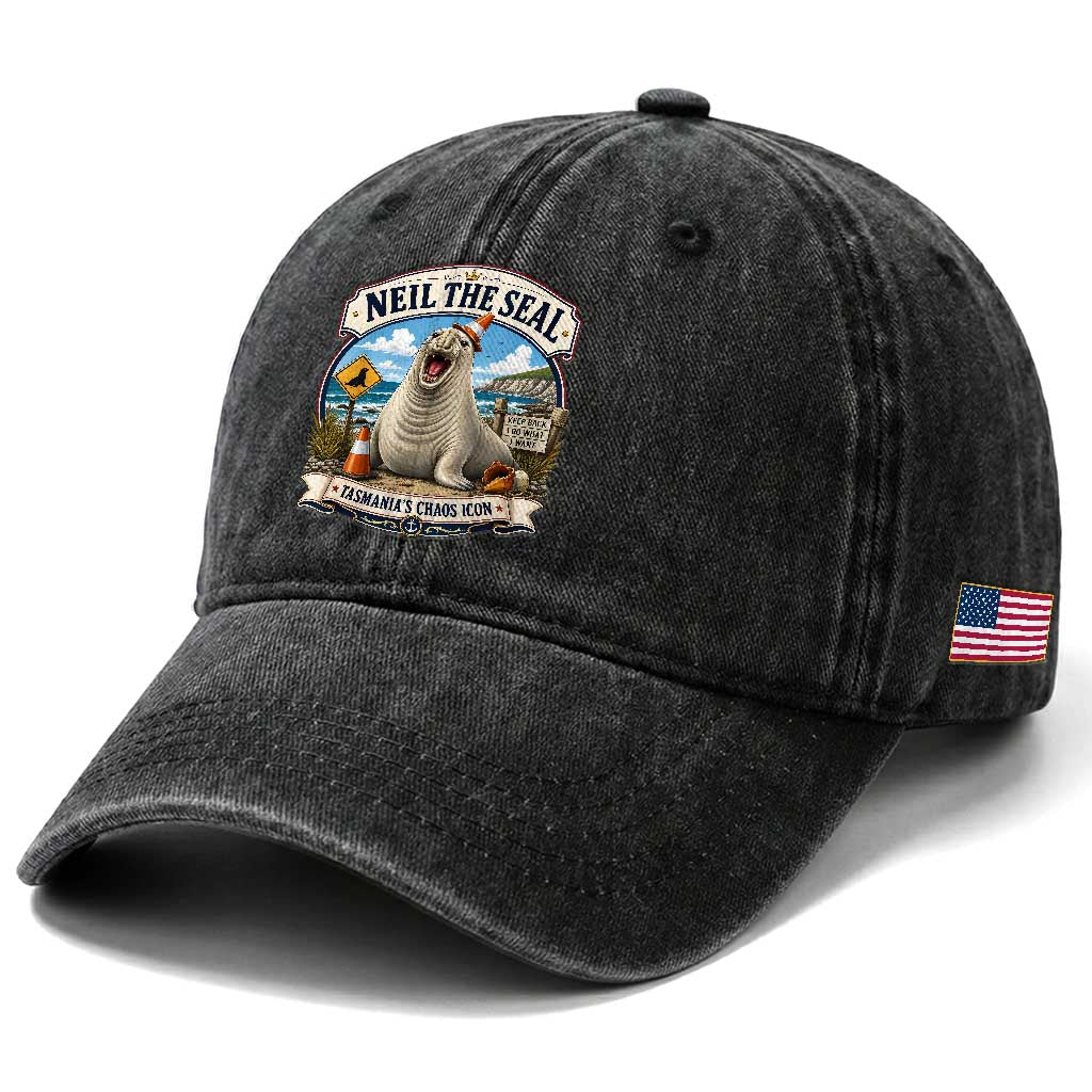 Retro Neil the Seal Tasmanias Chaos Icon Washed Cotton Baseball Cap Funny Roaring Elephant Seal Traffic Cone Meme