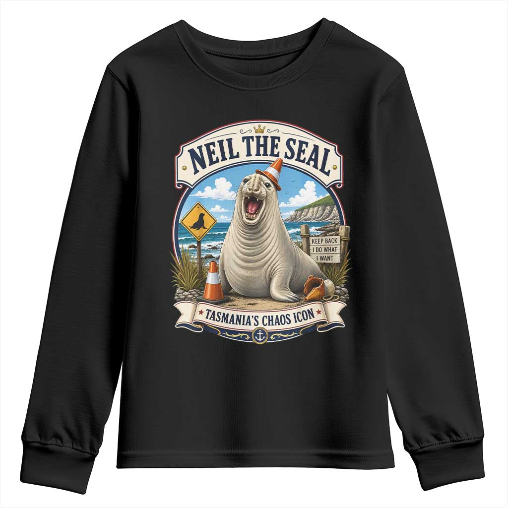 Retro Neil the Seal Tasmanias Chaos Icon Youth Sweatshirt Funny Roaring Elephant Seal Traffic Cone Meme