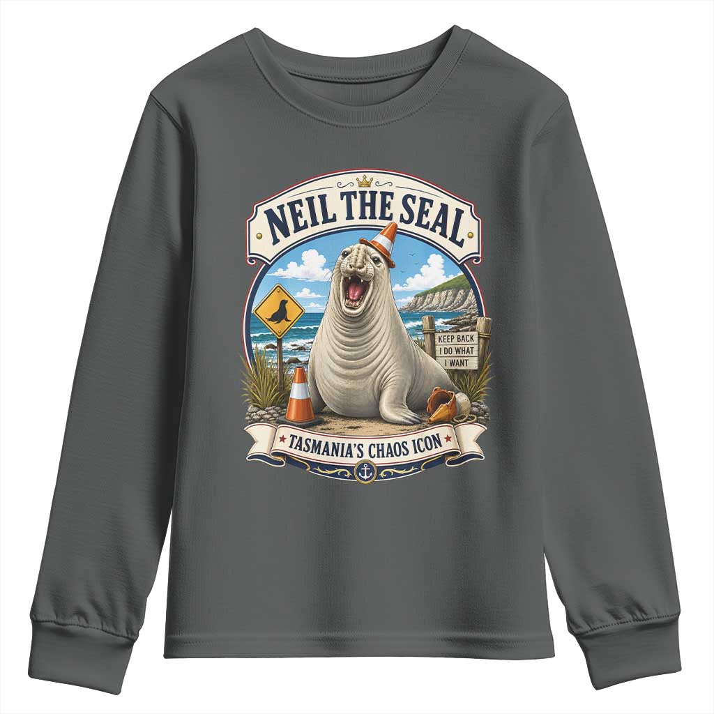 Retro Neil the Seal Tasmanias Chaos Icon Youth Sweatshirt Funny Roaring Elephant Seal Traffic Cone Meme