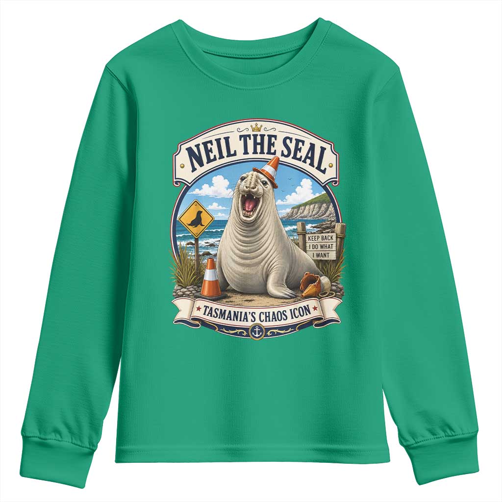 Retro Neil the Seal Tasmanias Chaos Icon Youth Sweatshirt Funny Roaring Elephant Seal Traffic Cone Meme