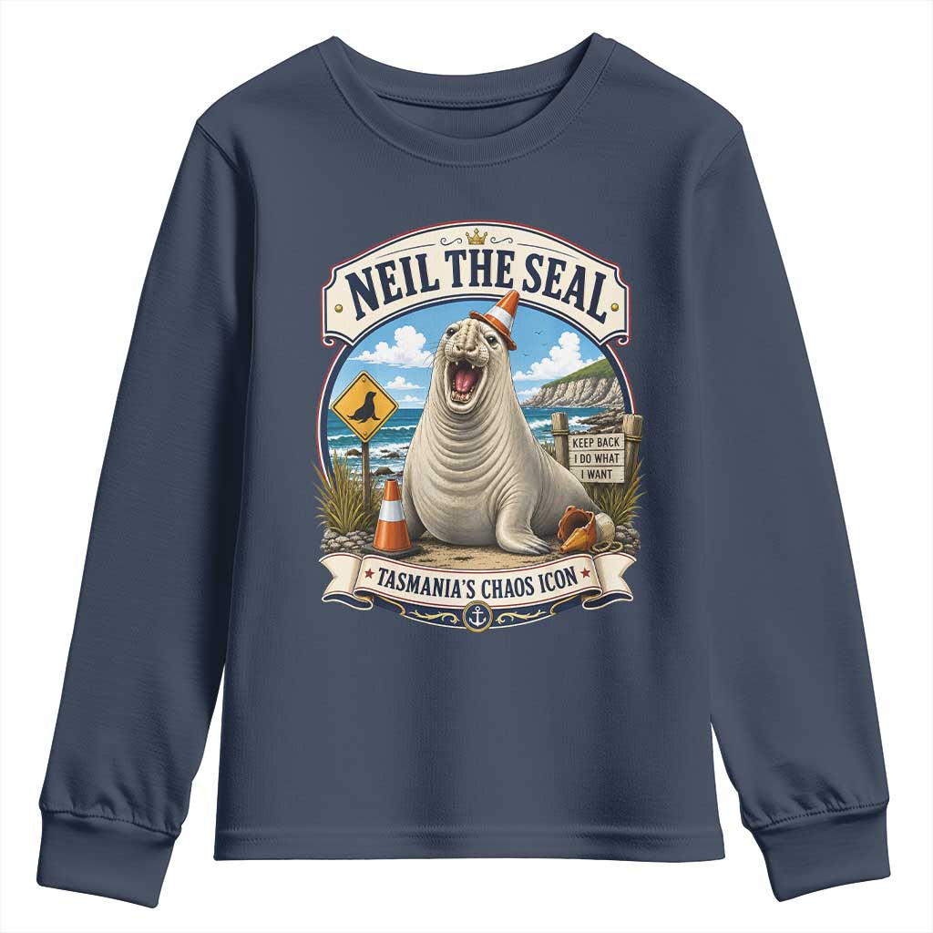 Retro Neil the Seal Tasmanias Chaos Icon Youth Sweatshirt Funny Roaring Elephant Seal Traffic Cone Meme
