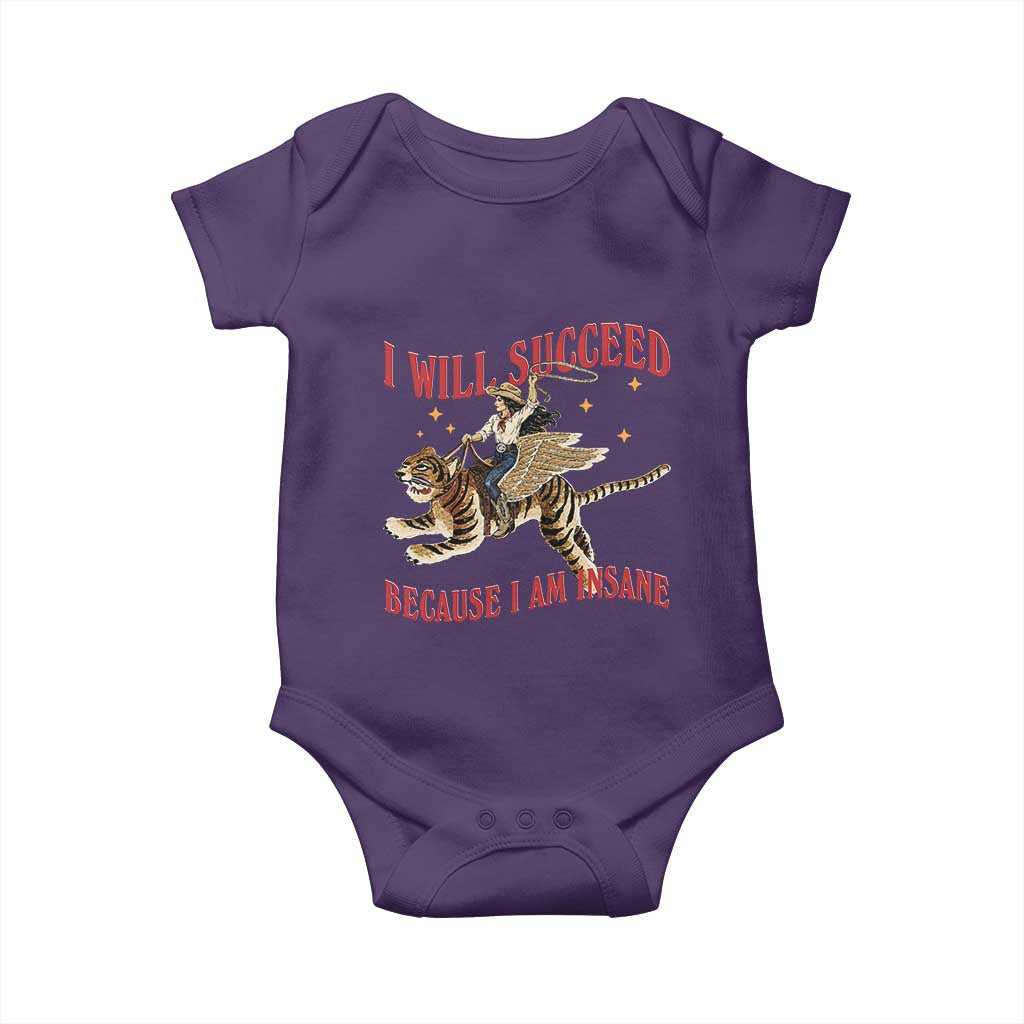 Vintage Western Cowgirl Riding Winged Tiger Graphic Baby Onesie I Will Succeed Because I Am Insane Chaotic Motivation Meme