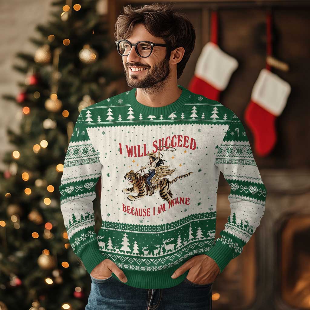 Vintage Western Cowgirl Riding Winged Tiger Graphic Ugly Christmas Sweater I Will Succeed Because I Am Insane Chaotic Motivation Meme