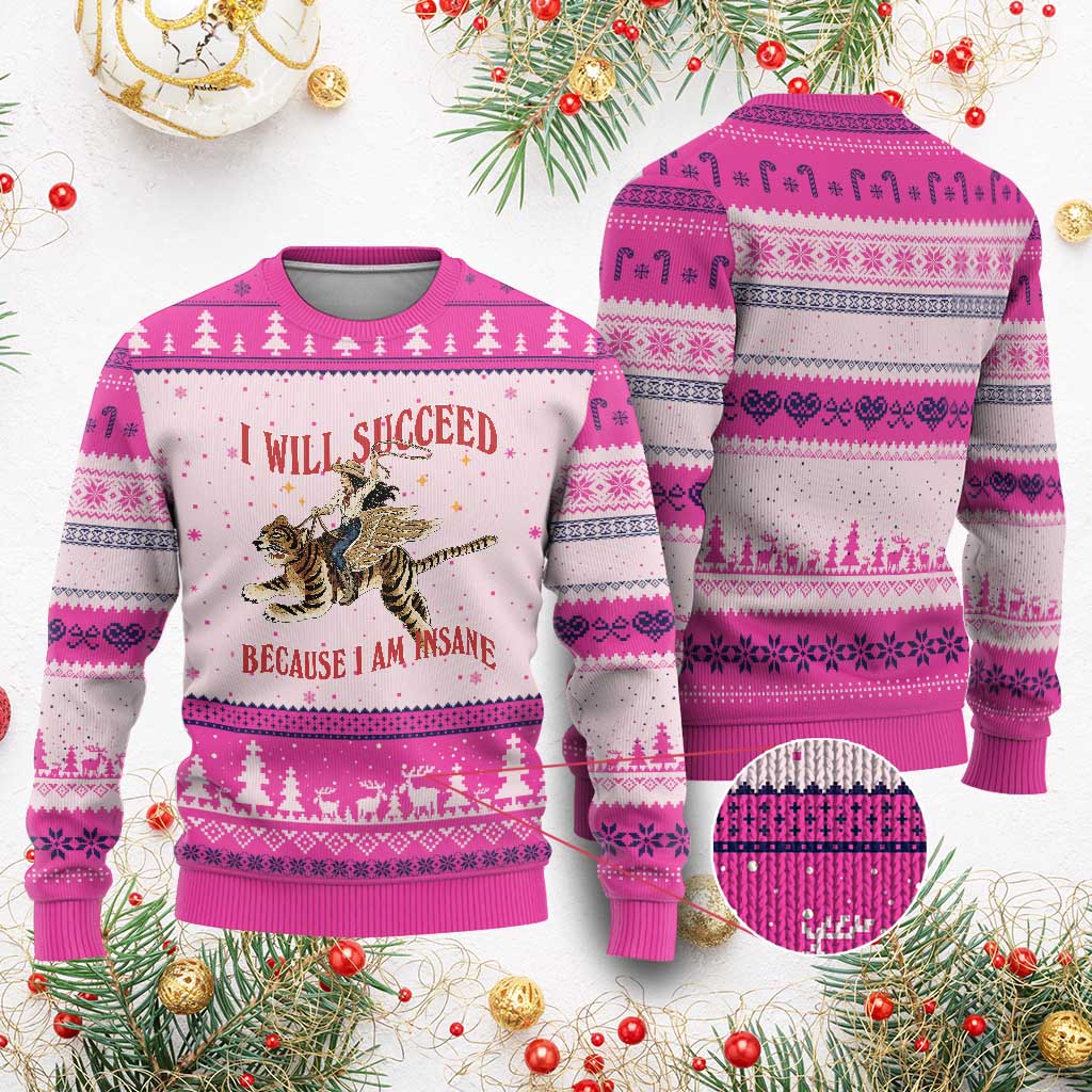 Vintage Western Cowgirl Riding Winged Tiger Graphic Ugly Christmas Sweater I Will Succeed Because I Am Insane Chaotic Motivation Meme