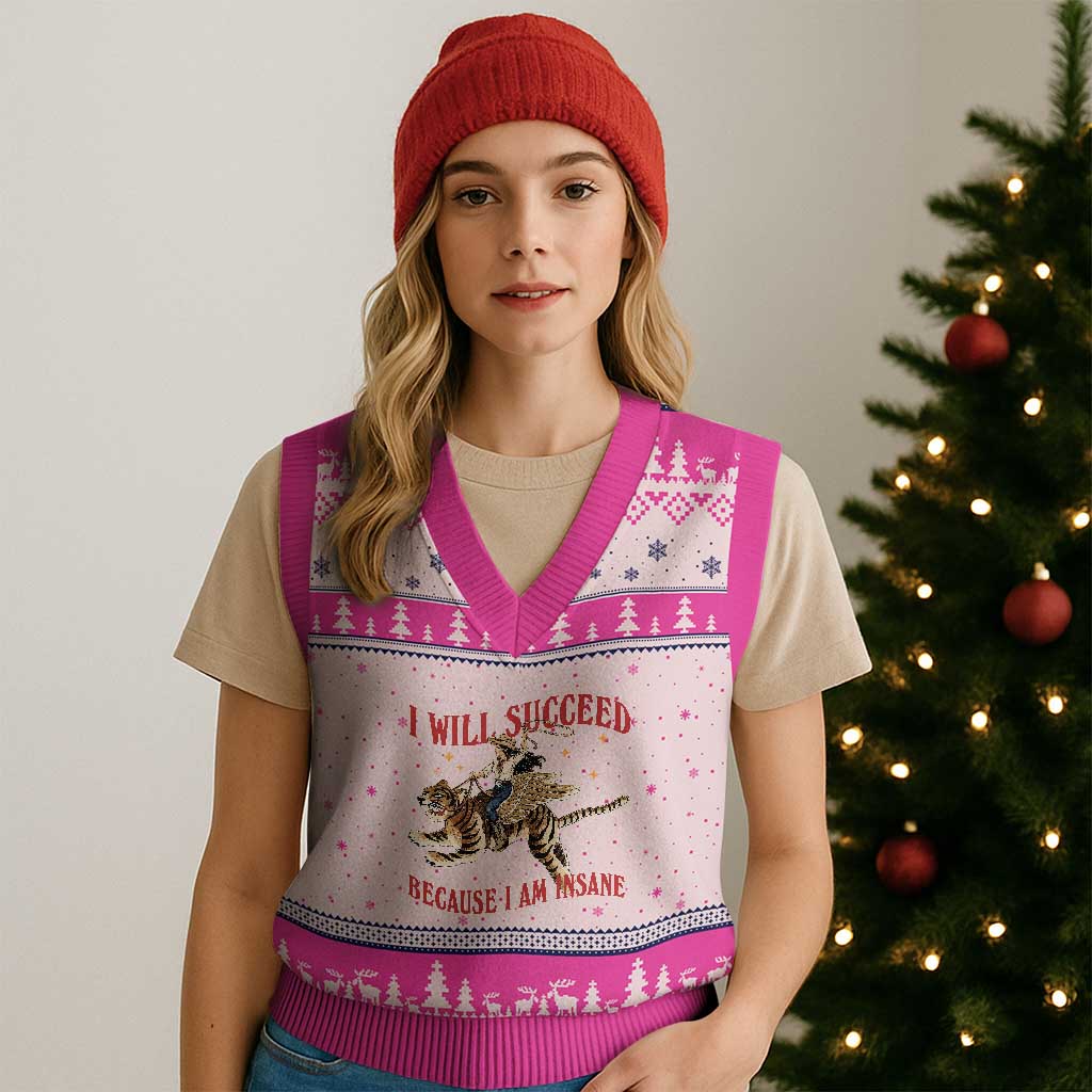 Vintage Western Cowgirl Riding Winged Tiger Graphic V-Neck Knit Sweater Vest I Will Succeed Because I Am Insane Chaotic Motivation Meme