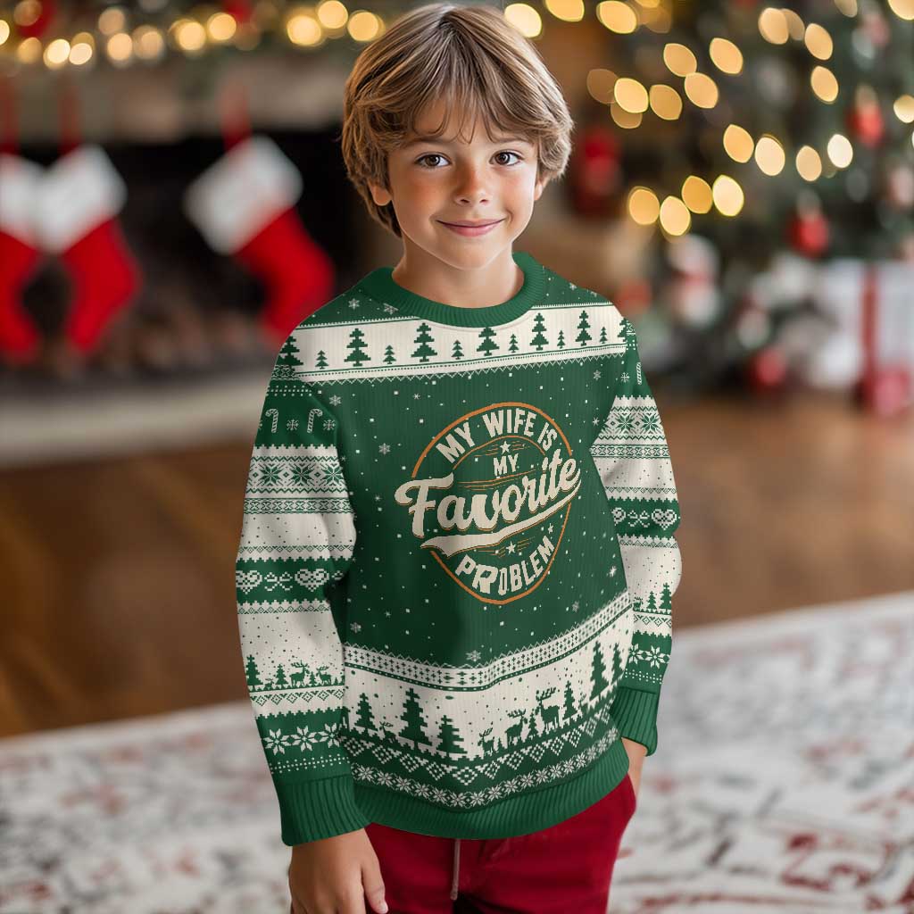 My Wife Is My Favorite Problem Vintage Circular Badge Graphic Ugly Christmas Sweater Funny Husband Marriage Humor