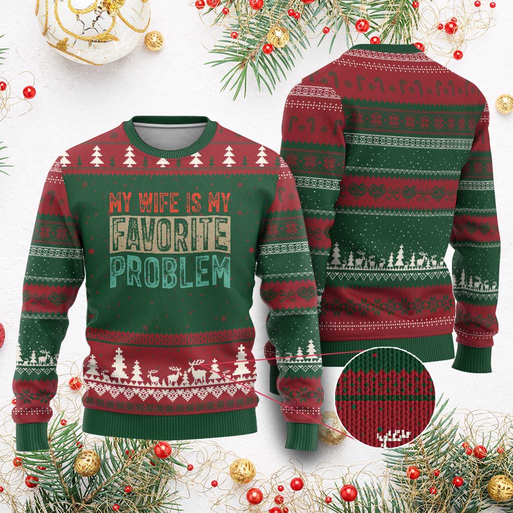 My Wife Is My Favorite Problem Retro 70s Typography Ugly Christmas Sweater Funny Husband Marriage Humor