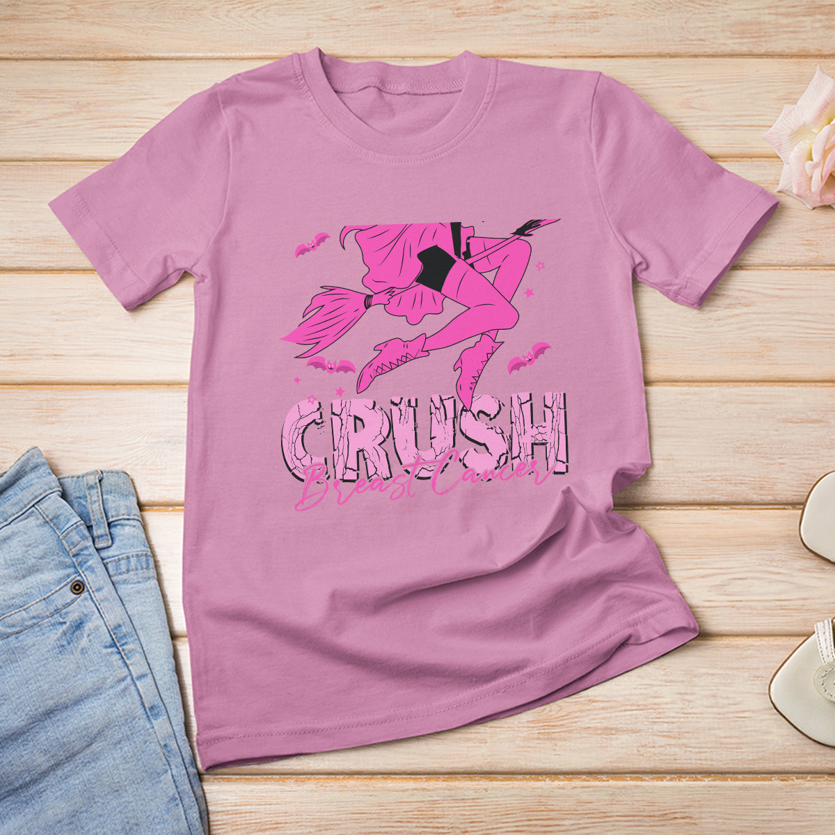 Breast Cancer Witch T Shirt Crush Breast Cancer Awareness Pink Ribbon Halloween Witch - Wonder Print Shop