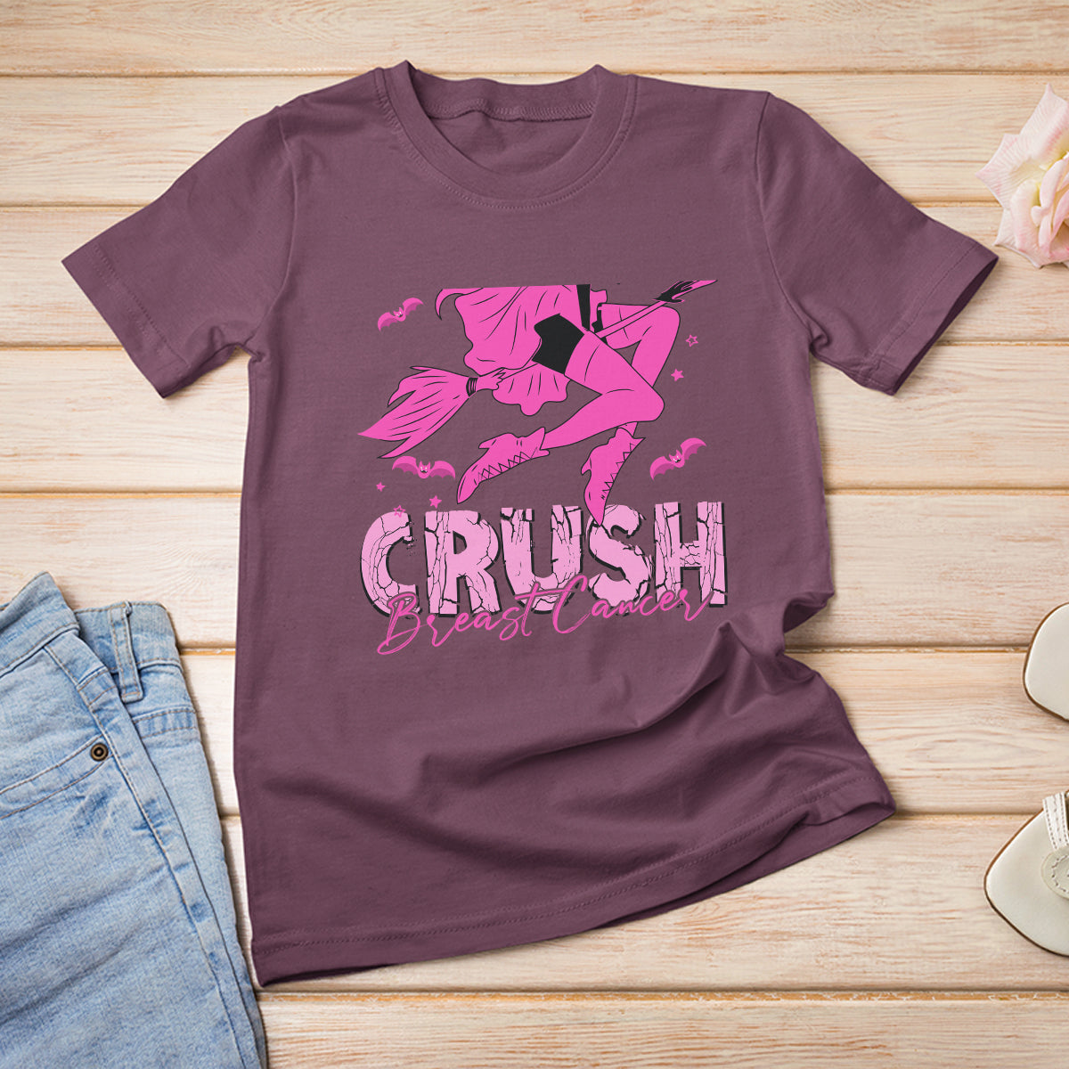 Breast Cancer Witch T Shirt Crush Breast Cancer Awareness Pink Ribbon Halloween Witch - Wonder Print Shop