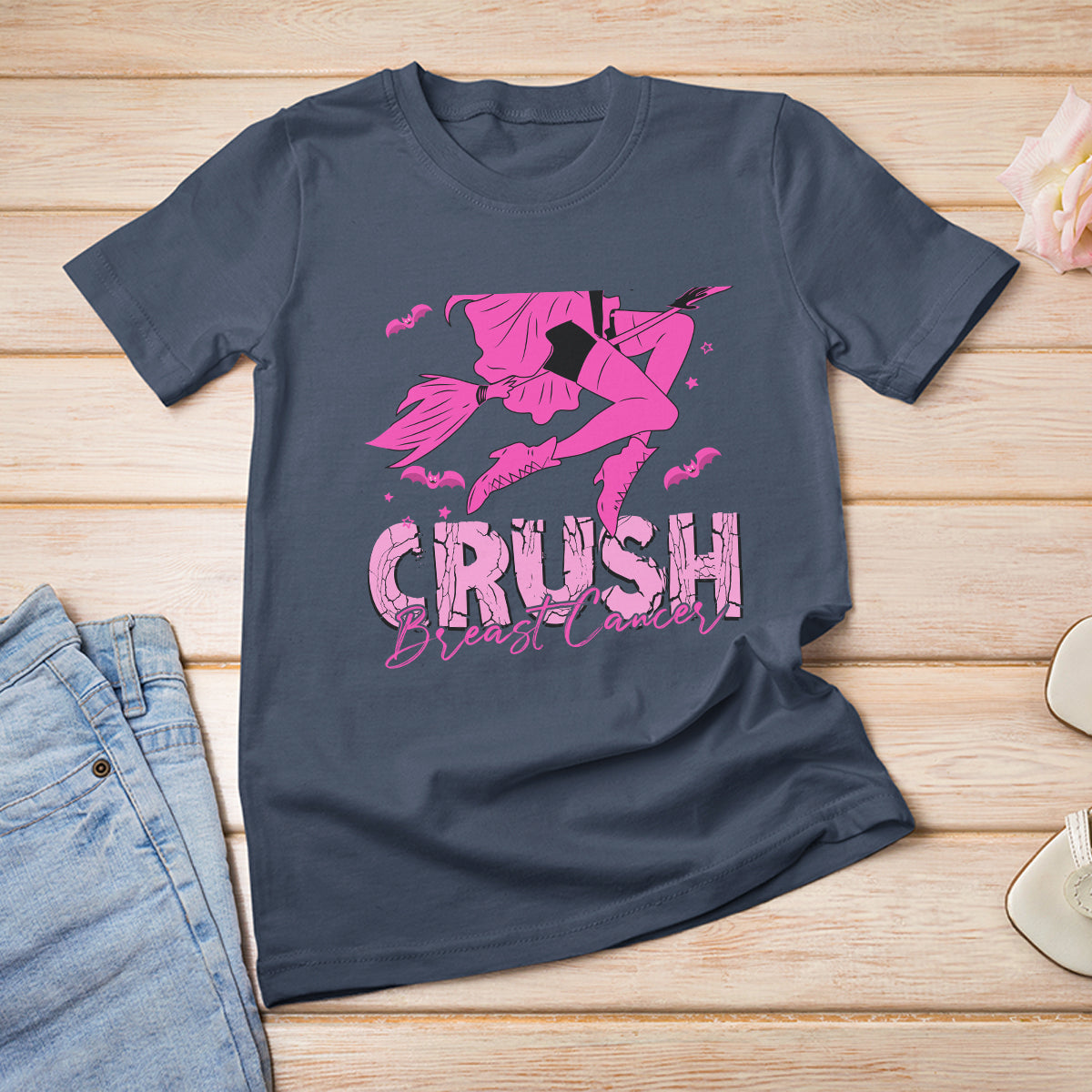 Breast Cancer Witch T Shirt Crush Breast Cancer Awareness Pink Ribbon Halloween Witch - Wonder Print Shop