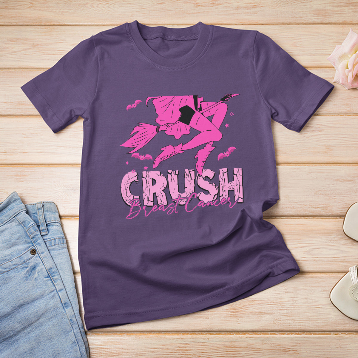 Breast Cancer Witch T Shirt Crush Breast Cancer Awareness Pink Ribbon Halloween Witch - Wonder Print Shop