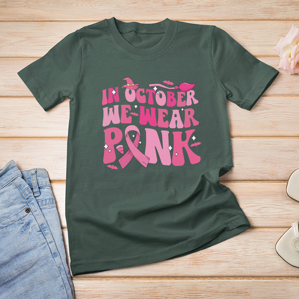 Breast Cancer Witch T Shirt In October We Wear Pink Ribbon Witch Halloween Breast Cancer Awareness - Wonder Print Shop