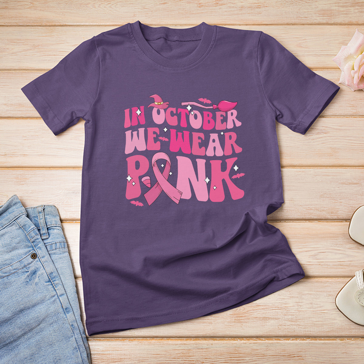 Breast Cancer Witch T Shirt In October We Wear Pink Ribbon Witch Halloween Breast Cancer Awareness - Wonder Print Shop