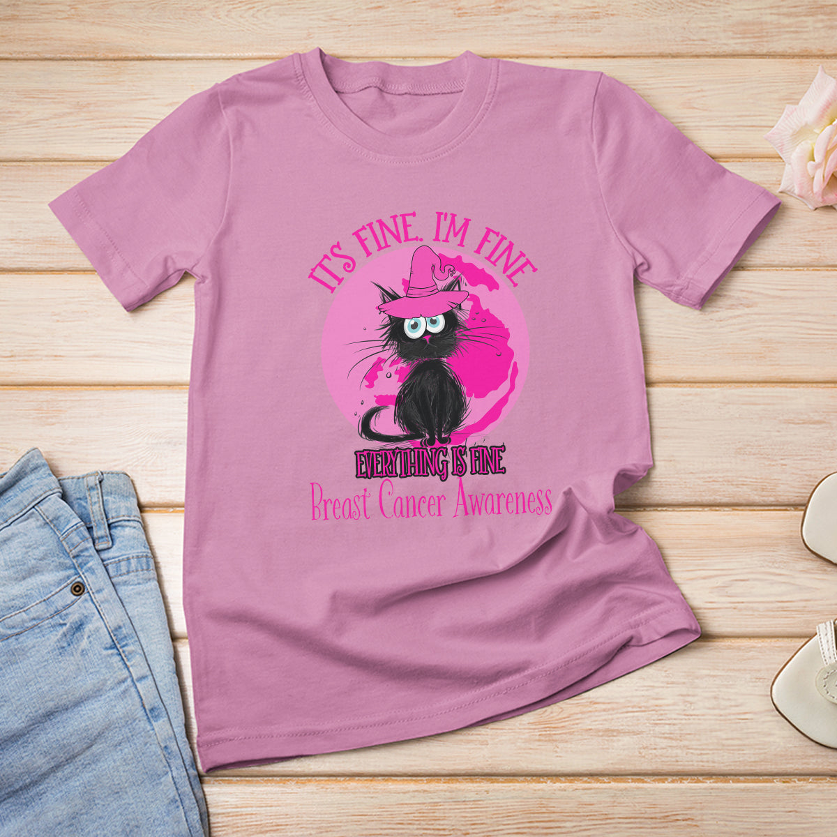 Breast Cancer Cat T Shirt It's Fine I'm Fine Everything's Fine Black Cat Breast Cancer Warrior - Wonder Print Shop