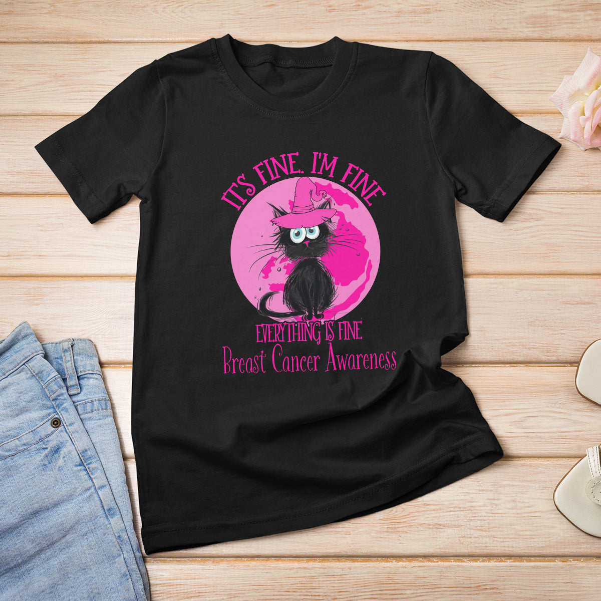 Breast Cancer Cat T Shirt It's Fine I'm Fine Everything's Fine Black Cat Breast Cancer Warrior - Wonder Print Shop