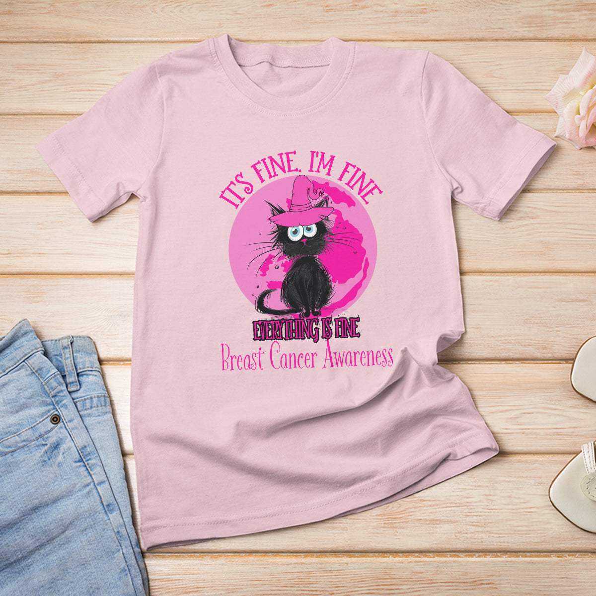 Breast Cancer Cat T Shirt It's Fine I'm Fine Everything's Fine Black Cat Breast Cancer Warrior - Wonder Print Shop