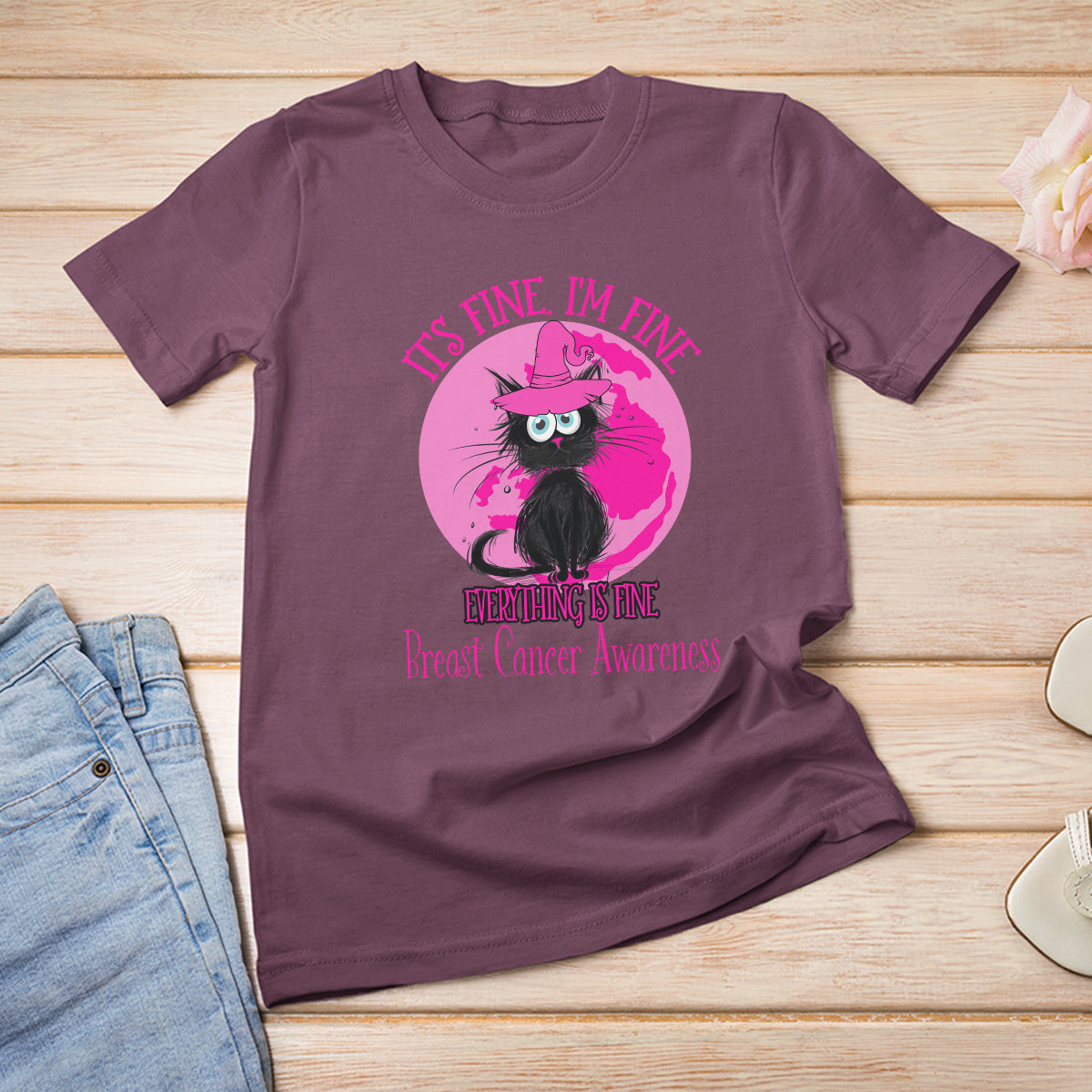 Breast Cancer Cat T Shirt It's Fine I'm Fine Everything's Fine Black Cat Breast Cancer Warrior - Wonder Print Shop
