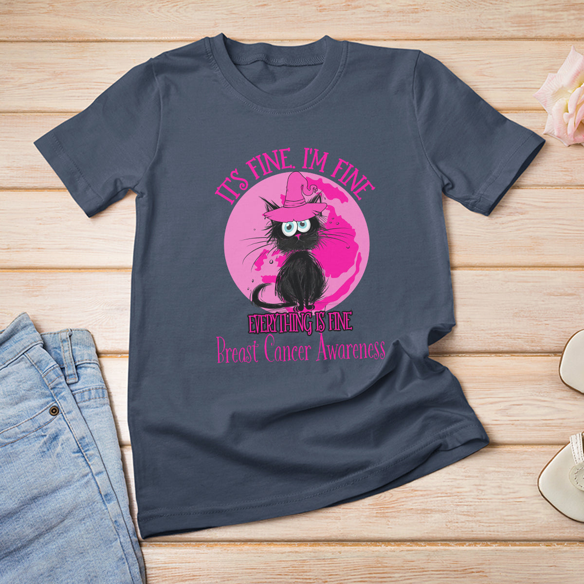 Breast Cancer Cat T Shirt It's Fine I'm Fine Everything's Fine Black Cat Breast Cancer Warrior - Wonder Print Shop