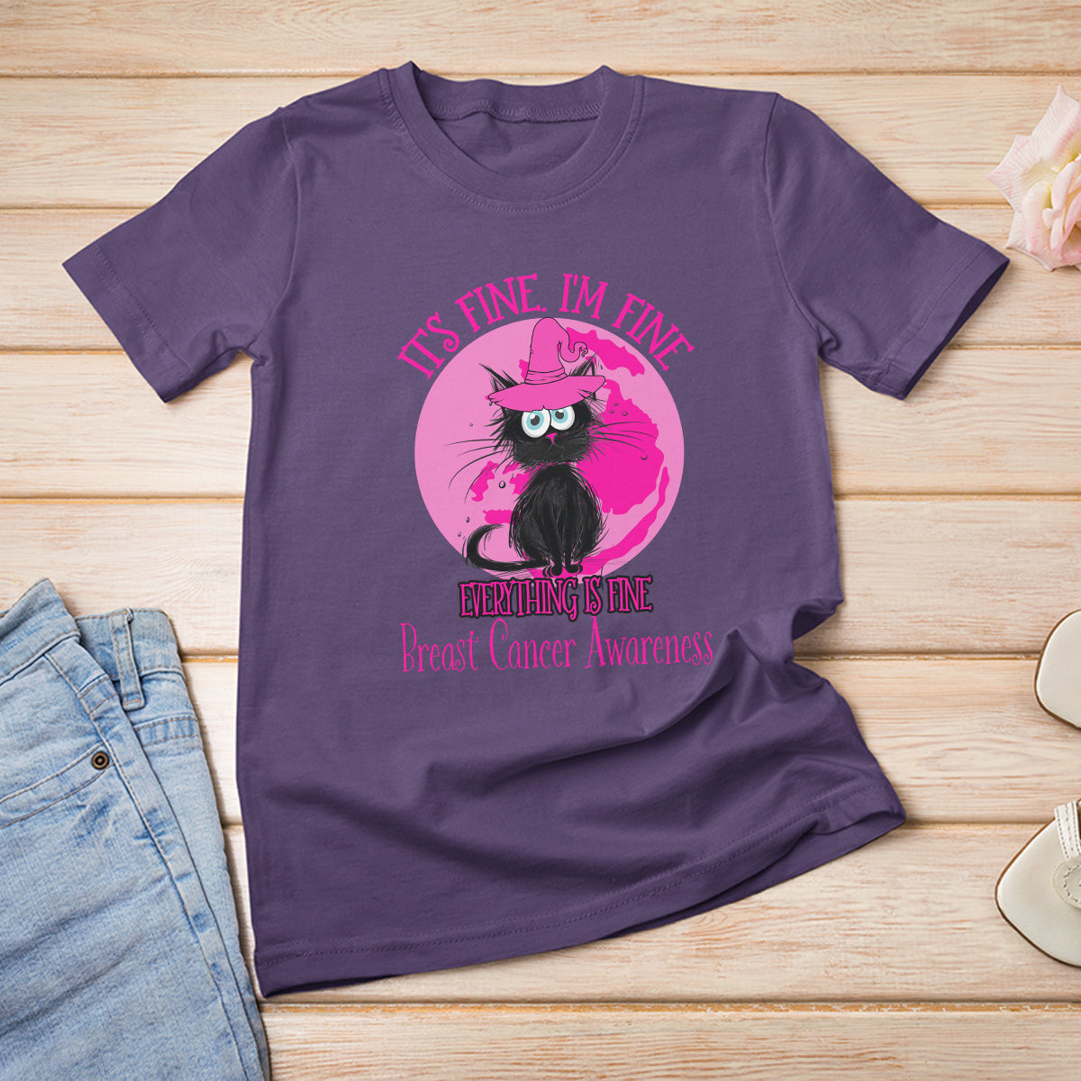Breast Cancer Cat T Shirt It's Fine I'm Fine Everything's Fine Black Cat Breast Cancer Warrior - Wonder Print Shop