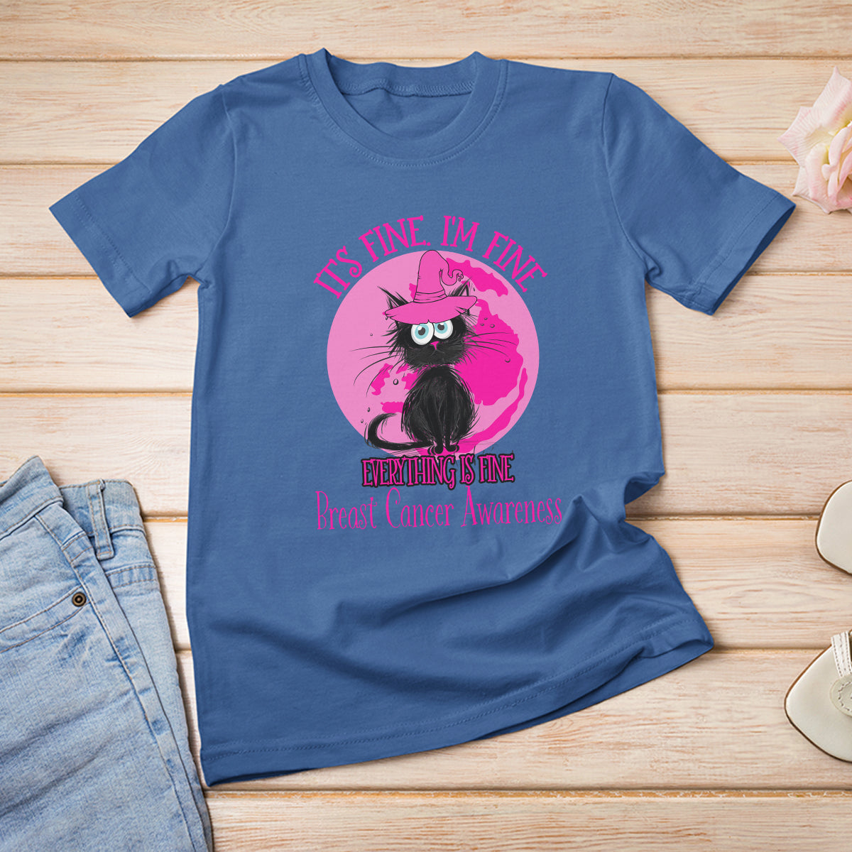 Breast Cancer Cat T Shirt It's Fine I'm Fine Everything's Fine Black Cat Breast Cancer Warrior - Wonder Print Shop
