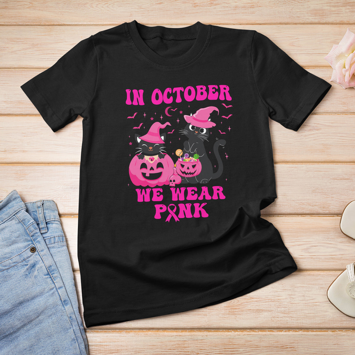 Breast Cancer Cat T Shirt In October We Wear Pink Black Cat Halloween Breast Cancer Awareness - Wonder Print Shop