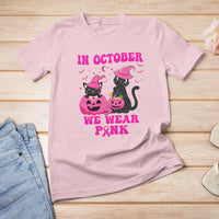 Breast Cancer Cat T Shirt In October We Wear Pink Black Cat Halloween Breast Cancer Awareness - Wonder Print Shop