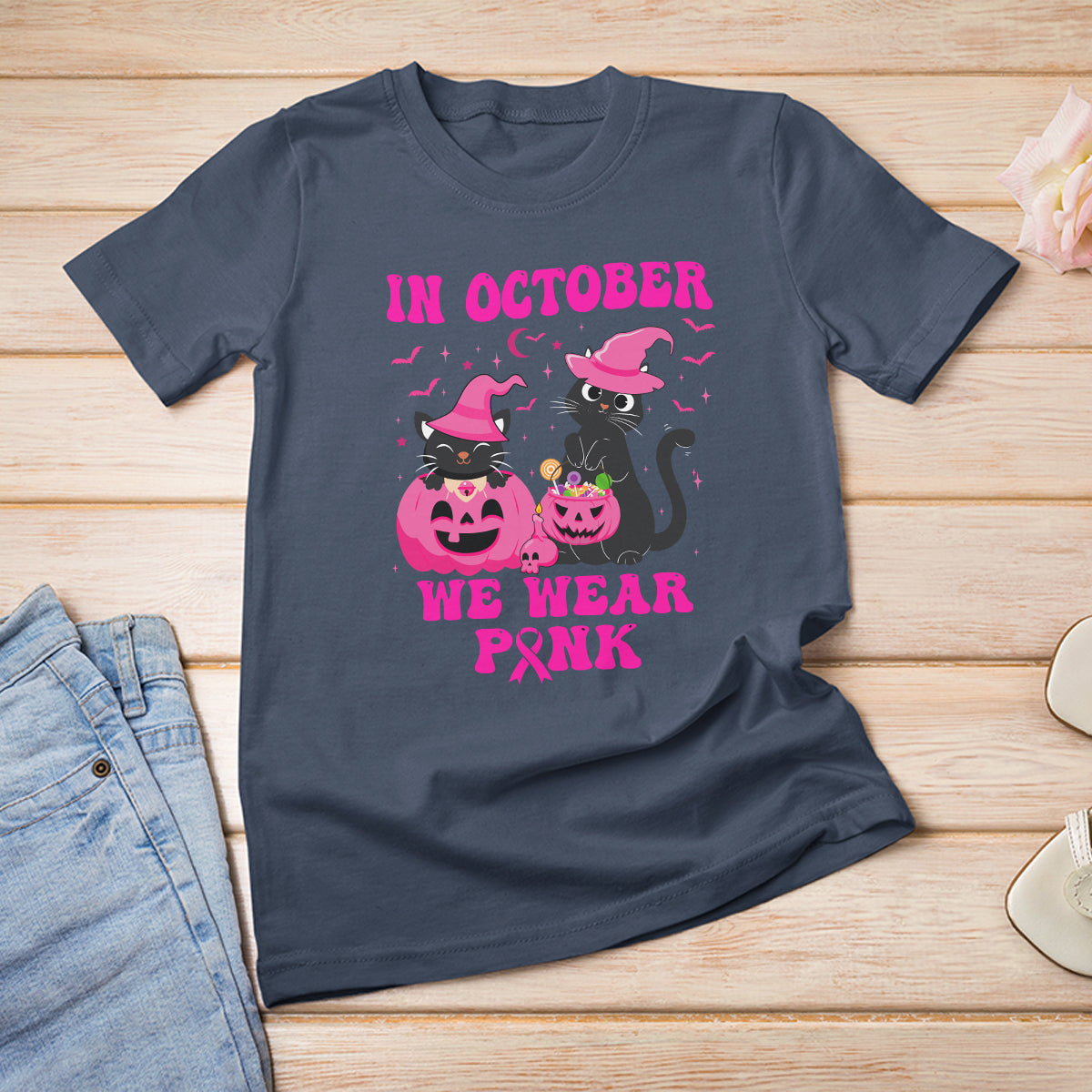 Breast Cancer Cat T Shirt In October We Wear Pink Black Cat Halloween Breast Cancer Awareness - Wonder Print Shop