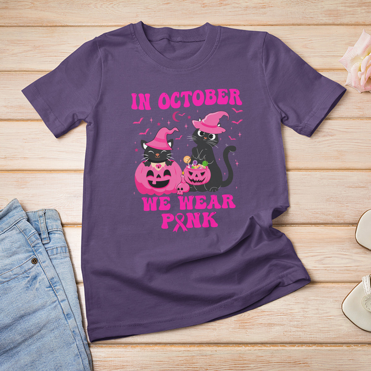 Breast Cancer Cat T Shirt In October We Wear Pink Black Cat Halloween Breast Cancer Awareness - Wonder Print Shop