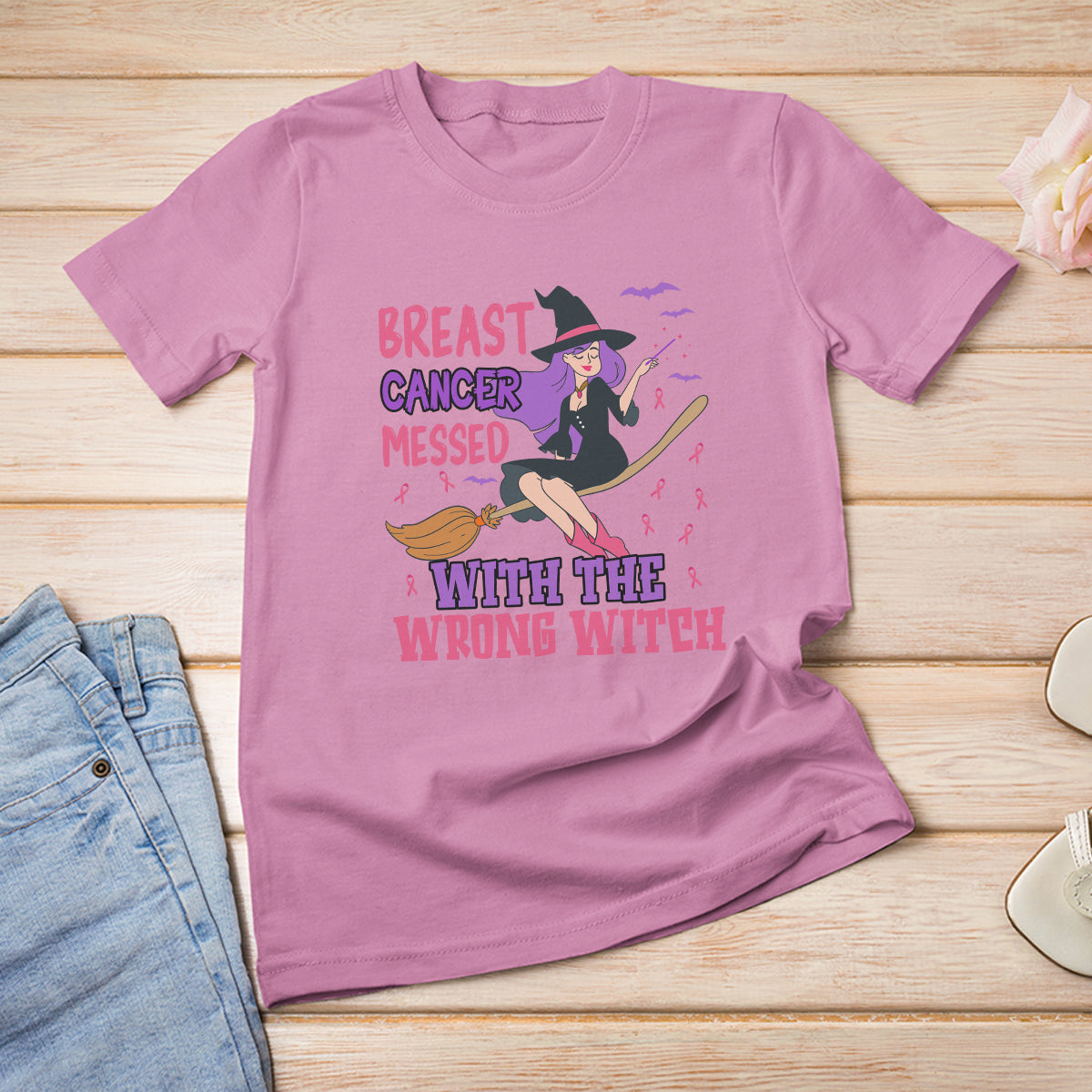Breast Cancer Witch T Shirt Breast Cancer Messed With Wrong Witch Riding Stick Pink Ribbon Halloween Witch - Wonder Print Shop