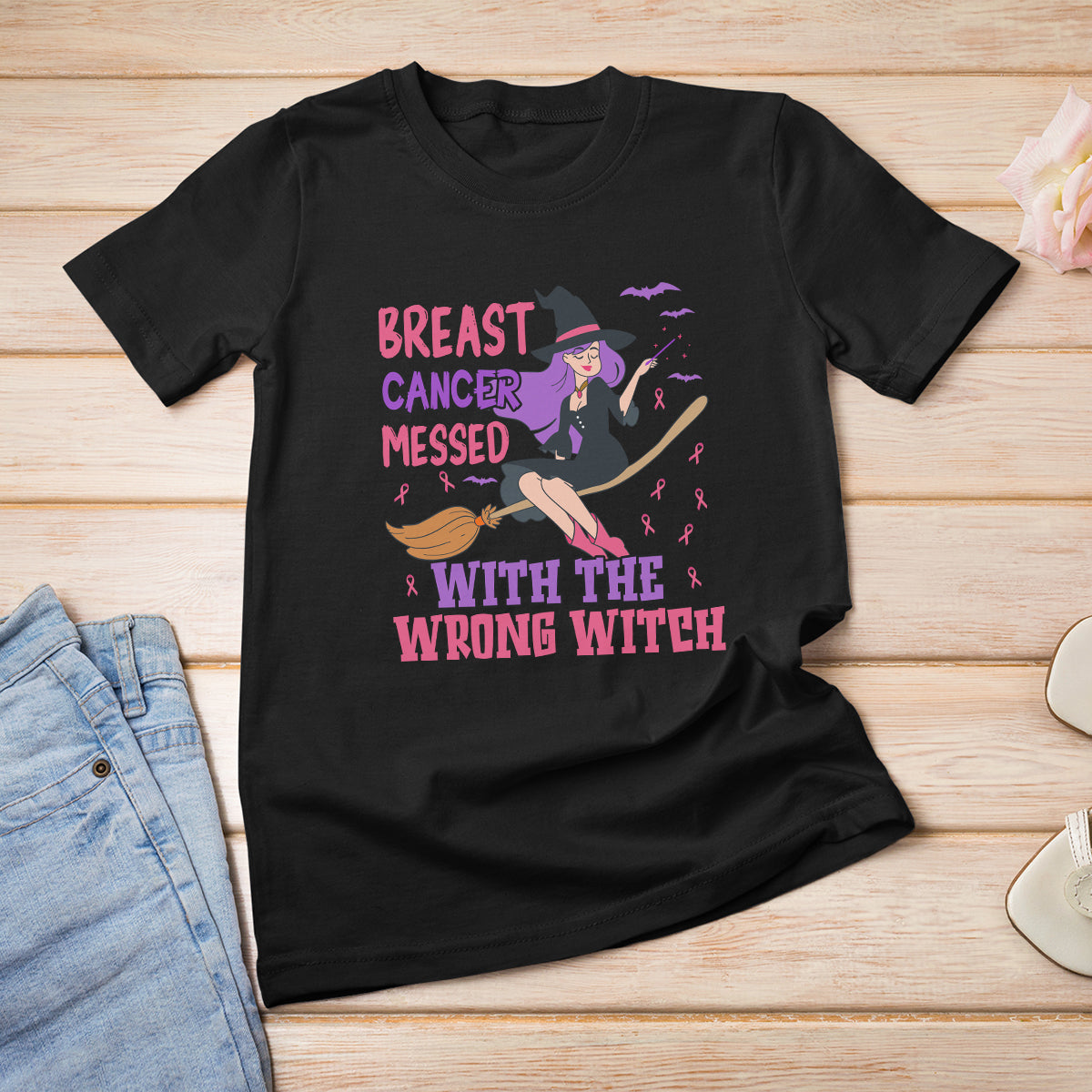 Breast Cancer Witch T Shirt Breast Cancer Messed With Wrong Witch Riding Stick Pink Ribbon Halloween Witch - Wonder Print Shop